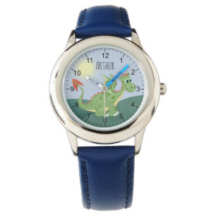 Montre Caricature de dragon vert mignon avec nom Enfants