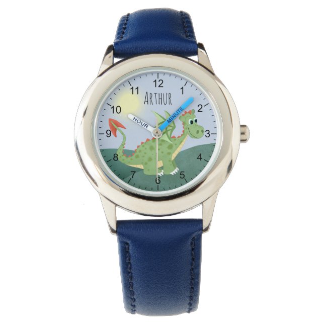 Montre Caricature de dragon vert mignon avec nom Enfants (devant)