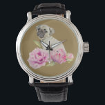 Montre Carlin et pivoines | Illustration aquarelle<br><div class="desc">Il s'agit d'une aquarelle représentant un carlin de chiot assis au milieu de fleurs de pivoines. Les fleurs commencent comme un bourgeon sur la droite et fleurissent lentement jusqu'à son maximum quand il va à gauche.</div>