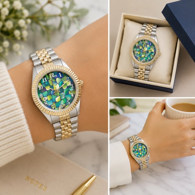 Montre Carreaux Abstraits Vert Monogramme Vert Aquarelle (Créateur téléchargé)