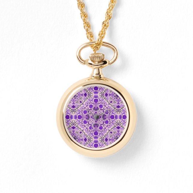 Montre Carreaux floraux en violet et coton bonbon rose (Recto)