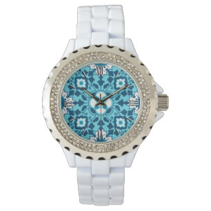 Montre Carrelage floral marocain, Indigo, bleu ciel et bl