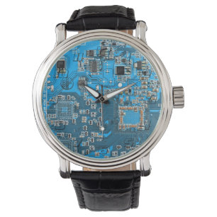 Montre Carte de circuit Geek d'ordinateur bleu