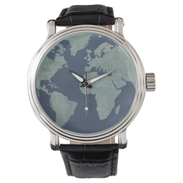 Montre Carte du monde du lin bleu (devant)