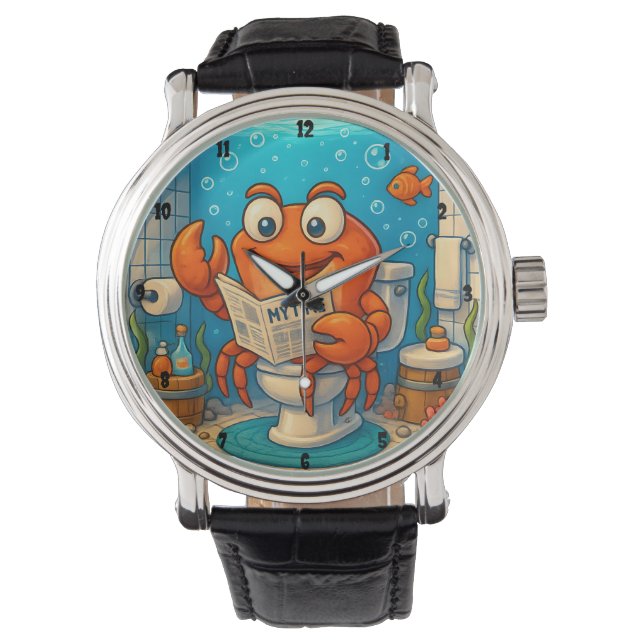 Montre Cartoon Crab Reading in Underwater-themed Bathroom (devant)
