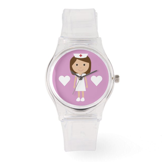 Montre Cartoon mignon Cheveux Brown Infirmière et Coeurs  (Recto)