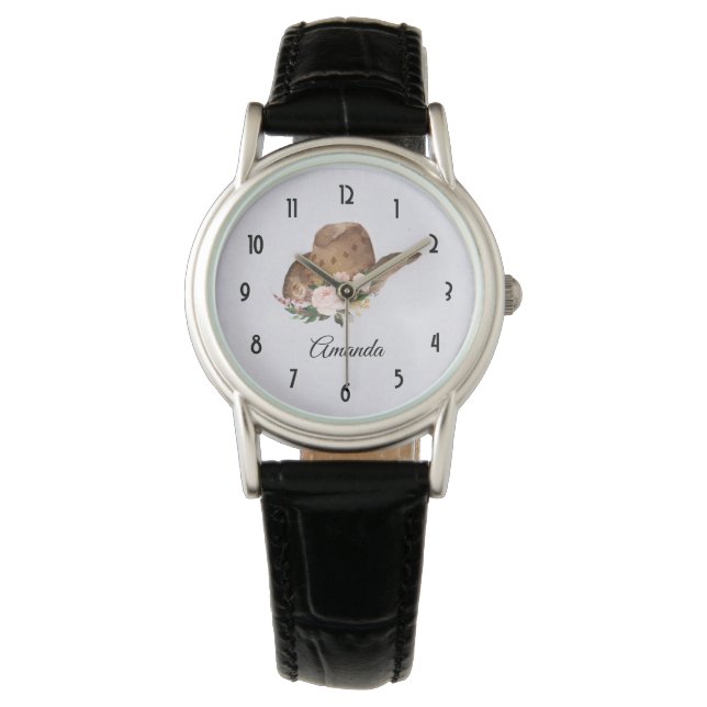 Montre Casquette Brown Cowgirl avec fleurs roses (devant)