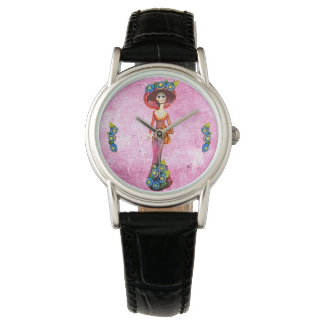 Montre Catrina Avec Robe Rouge & Fleurs Bleues Sur Rose W (devant)