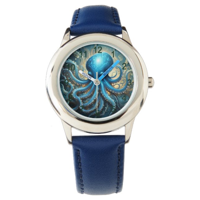 Montre Celestial Waves: Blue Octopus Fractal Art,  (devant)