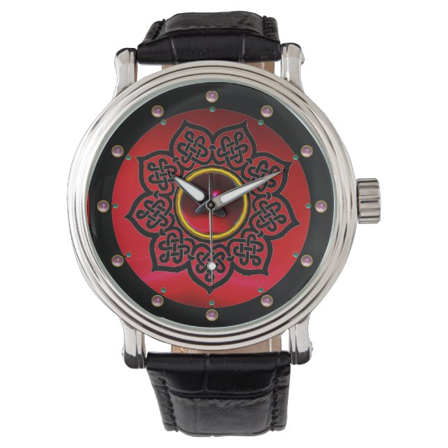 MONTRE CELTIC KNOTS FLOWER, ROUGE BURGUNDY RUBY GEM PIERR (devant)