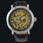 Montre Cercle de dragon chinois traditionnel jaune et noi<br><div class="desc">Ce design circulaire fluide présente un dragon chinois fluide. Le corps du serpent serpente du haut du motif jusqu'à la queue tourbillonnante. Quatre grandes griffes s'étendent du corps du dragon créant une position agressive mais élégante. Ce magnifique motif est une prise élégante sur le dragon chinois traditionnel. dragon "dragon chinois"...</div>