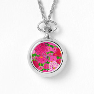 Montre Cercle de fleurs, Chrysanthèmes rose Fuchsia