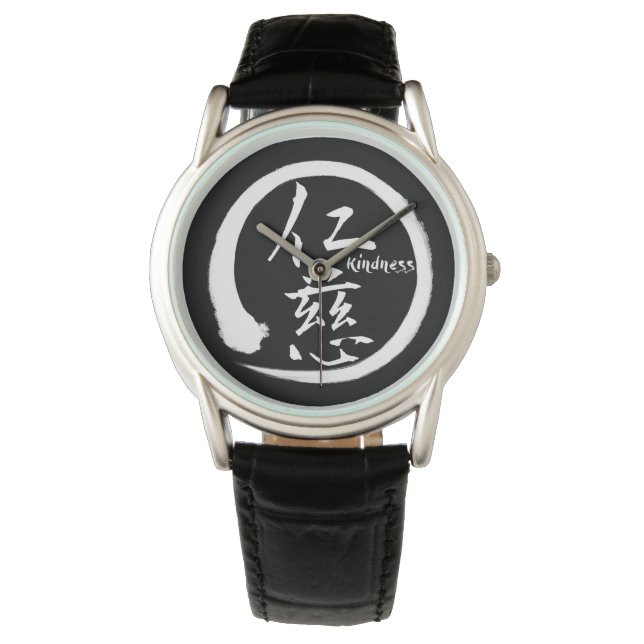 Montre Cercle d'enso noir | kanji japonais pour la gentil (devant)