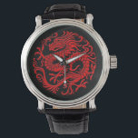 Montre Cercle traditionnel de dragon chinois rouge et noi<br><div class="desc">Ce design circulaire fluide présente un dragon chinois fluide. Le corps du serpent serpente du haut du motif jusqu'à la queue tourbillonnante. Quatre grandes griffes s'étendent du corps du dragon créant une position agressive mais élégante. Ce magnifique motif est une interprétation élégante du dragon chinois traditionnel.</div>