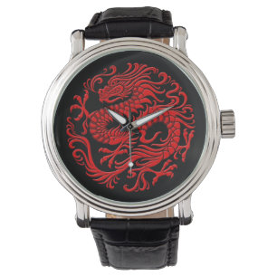 Montre Cercle traditionnel de dragon chinois rouge et noi