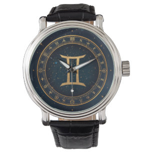 Montre Cercle Zodiacal Gémeaux Dorés avec Nuit Étoilée