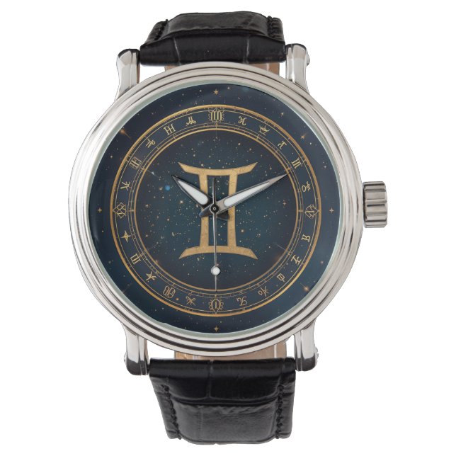Montre Cercle Zodiacal Gémeaux Dorés avec Nuit Étoilée (devant)