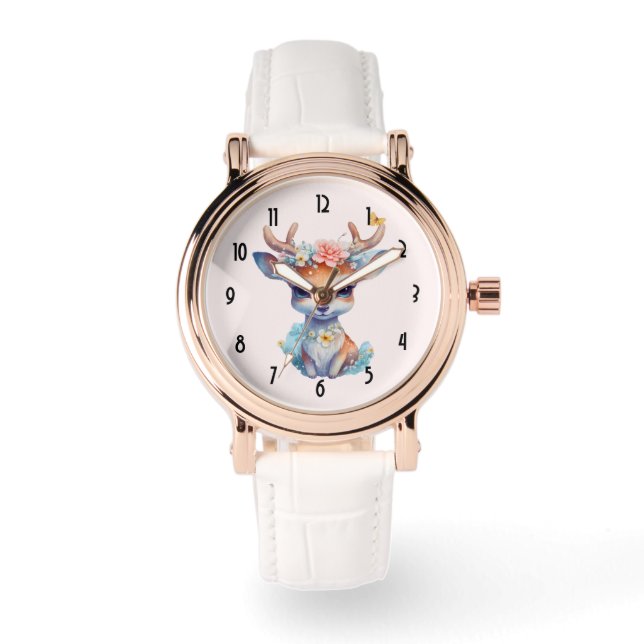 Montre Cerf de Bébé mignon avec Antlers et Fleurs (Recto)