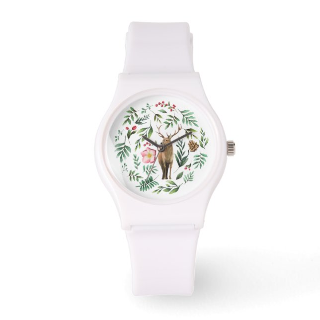 Montre Cerf de la faune aquarelle avec fleurs et feuilles (Recto)