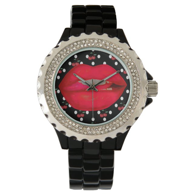 Montre cerise rhinocéros classe lèvres rockabilly (devant)