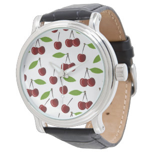 Montre Cerise rouge, motif de cerises, feuilles, fruit