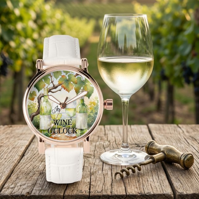 Montre C'est l'heure du vin Aquarelle du vignoble Vin bla (Watch featuring a watercolor painting of white wine and a vineyard - wine o'clock)