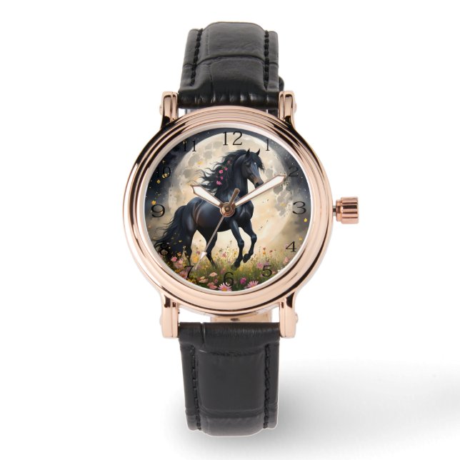 Montre Champ de fleur de lune de cheval noir, (Recto)