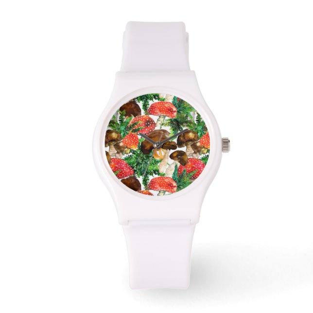 Montre Champignons d'aquarelle et motif de fougères verte (Recto)