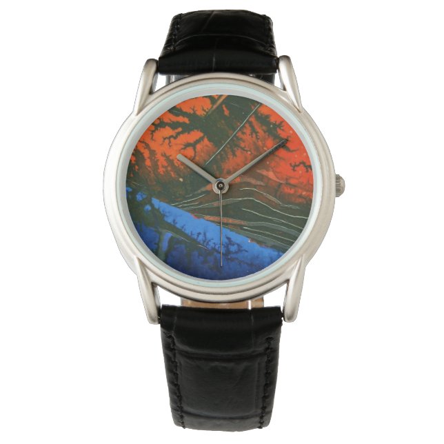Montre Charbon chaud, volcan, lave, roche bleue sur rouge (devant)