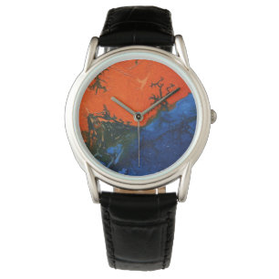 Montre Charbon chaud, volcan, lave, roche noire sur rouge