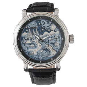 Montre Charmant Cottage d'Hiver sous un Ciel Étoilé