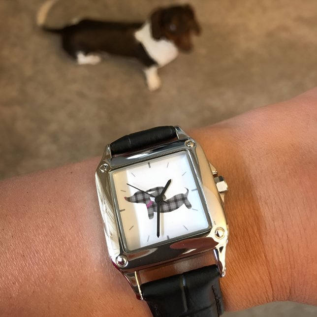 Montre Charme Dachshund intemporel : Bande en cuir gris (Plaid dachshund watch for wiener dog moms)