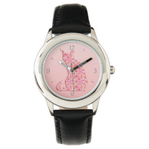 Montre Chat à fleurs - corail orange et rose