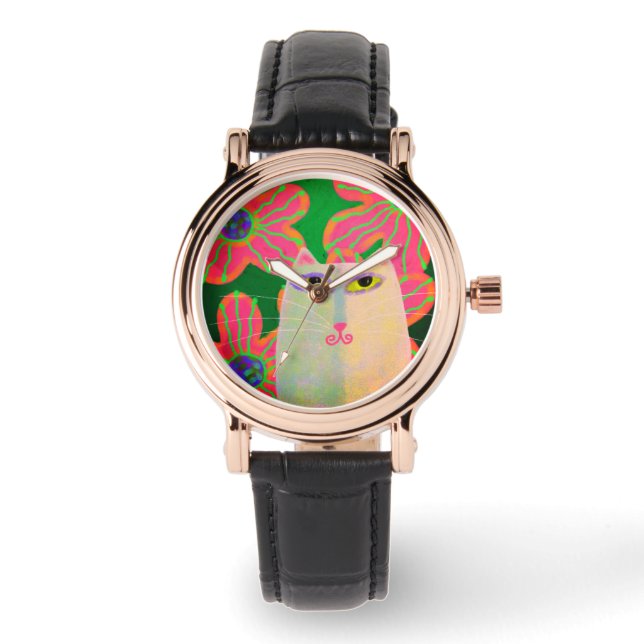 Montre Chat aux fleurs Art Portable Abstrait (Recto)