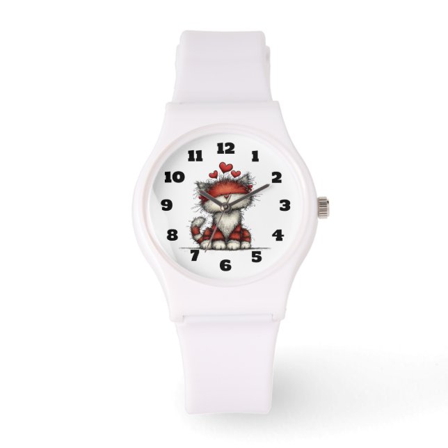Montre Chat avec coeurs rouges mignon et amusant (Recto)