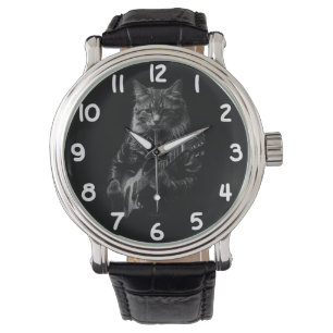 Montre Chat avec cuir Veste jouant guitare électrique