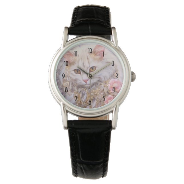 Montre Chat blanc élégant en or et diamants (devant)