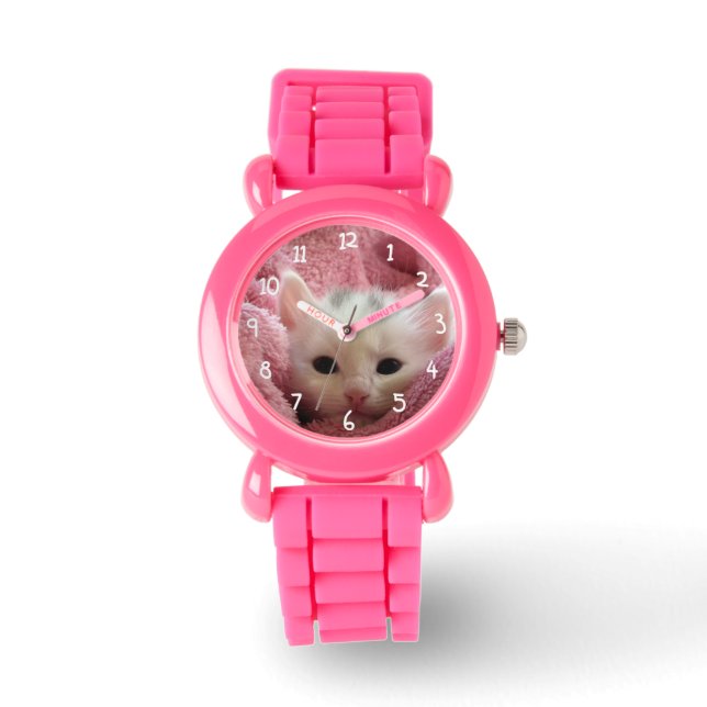 Montre Chat blanc en rose (Recto)