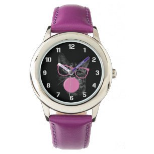 Montre Chat cool avec lunettes roses et gomme à bulles
