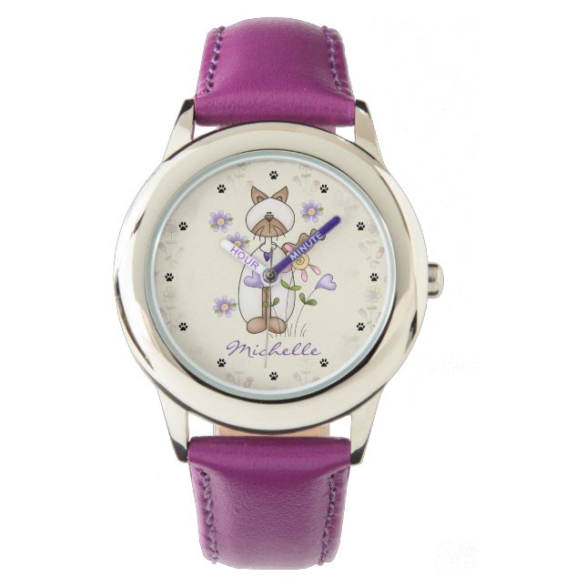 Montre Chat Cute Personnalisé, Fleurs, Filles Empreintes  (devant)
