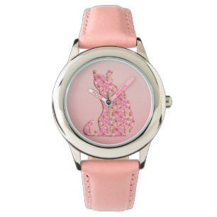 Montre Chat de fleurs - corail orange et rose