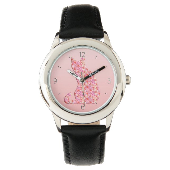 Montre Chat de fleurs - corail orange et rose (devant)