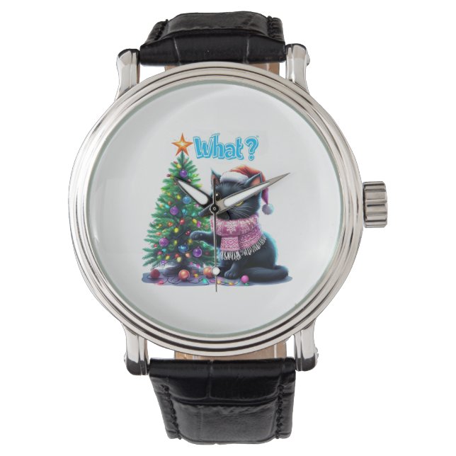 Montre Chat de Noël amusant Avec Sticker Arbre (devant)
