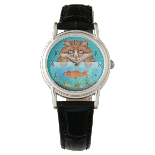 Montre Chat et de poisson d'or Bowl faim Funny Grinning K (devant)
