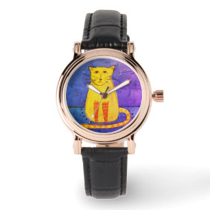 Montre Chat Jaune Art Abstrait Vêtu