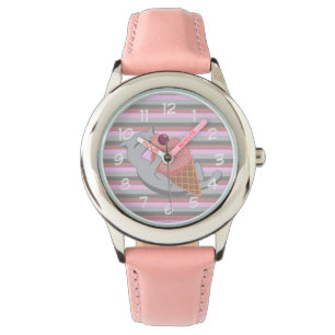 Montre Chat mignon mangeant de la glace rose rayée
