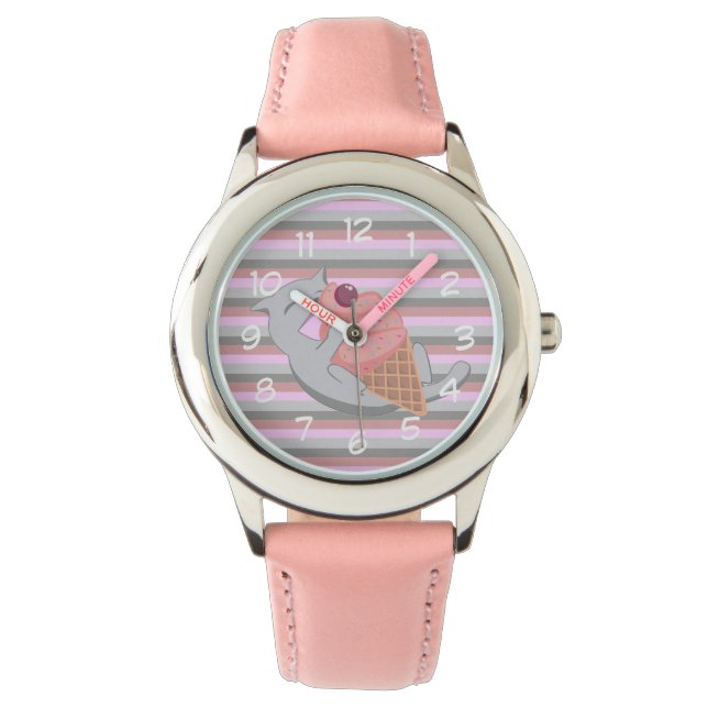 Montre Chat mignon mangeant de la glace rose rayée (devant)