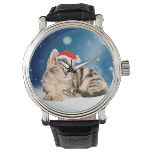 Montre Chat mignon portant chapeau de Noël rouge neige