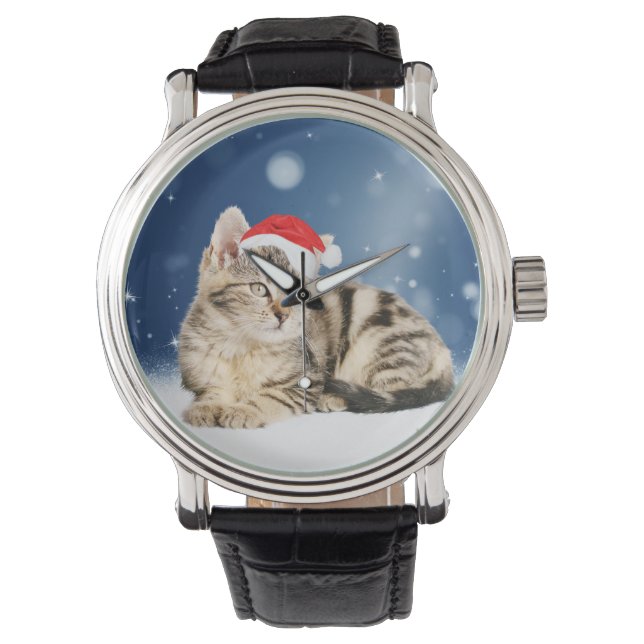 Montre Chat mignon portant chapeau de Noël rouge neige (devant)