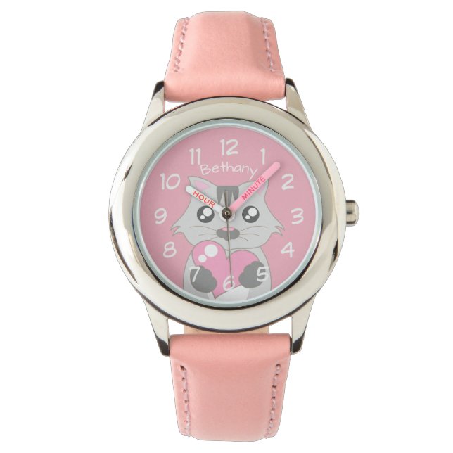 Montre Chat mignon tenant Coeur rose Personnalisé (devant)